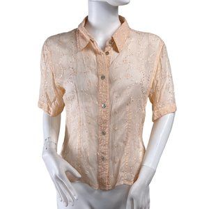 2 Of Us NYC VTG Peach Orange Sheer Floral Embroidered Button Short Sleeve Top L